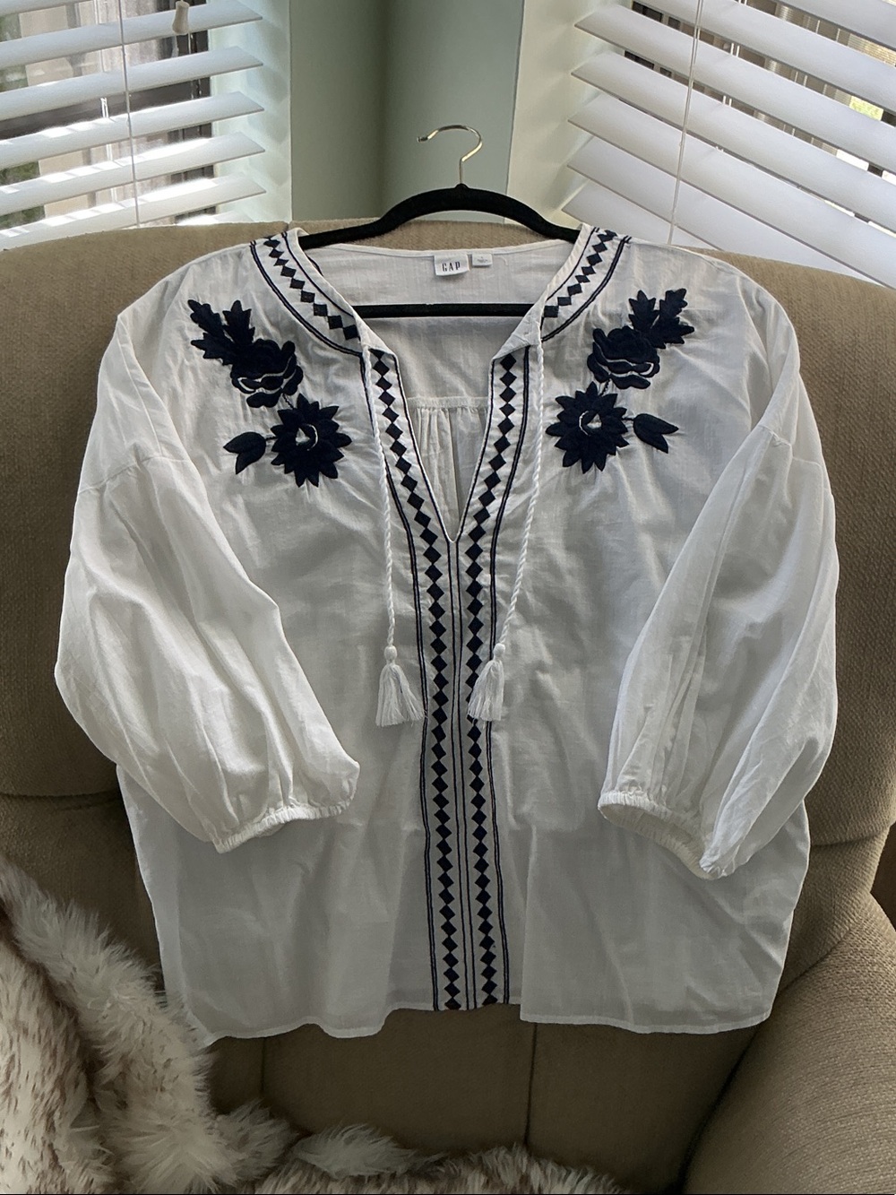 GAP White Tunic with Navy Floral Embroidery